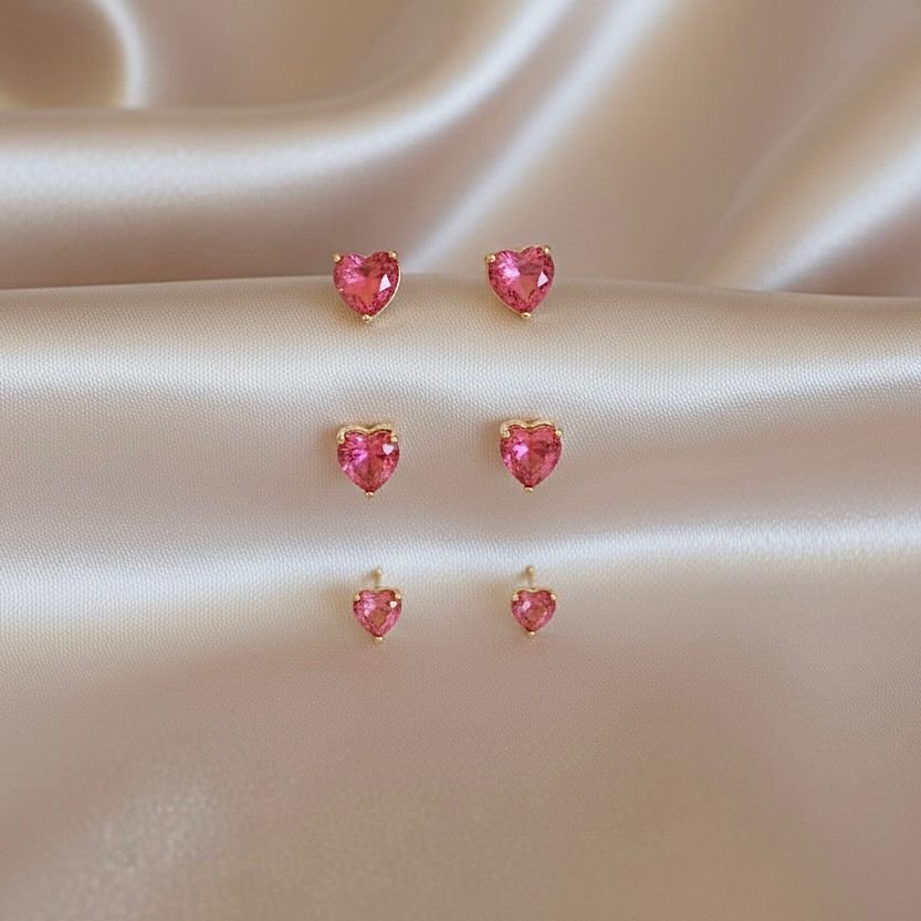 Trio De Brincos Coração Cravejado (zircônia Rosa) - Imagem 2