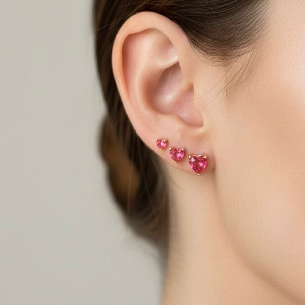 Trio De Brincos Coração Cravejado (zircônia Rosa) - Imagem 3