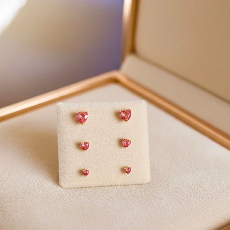 Trio De Brincos Coração Cravejado (zircônia Rosa)